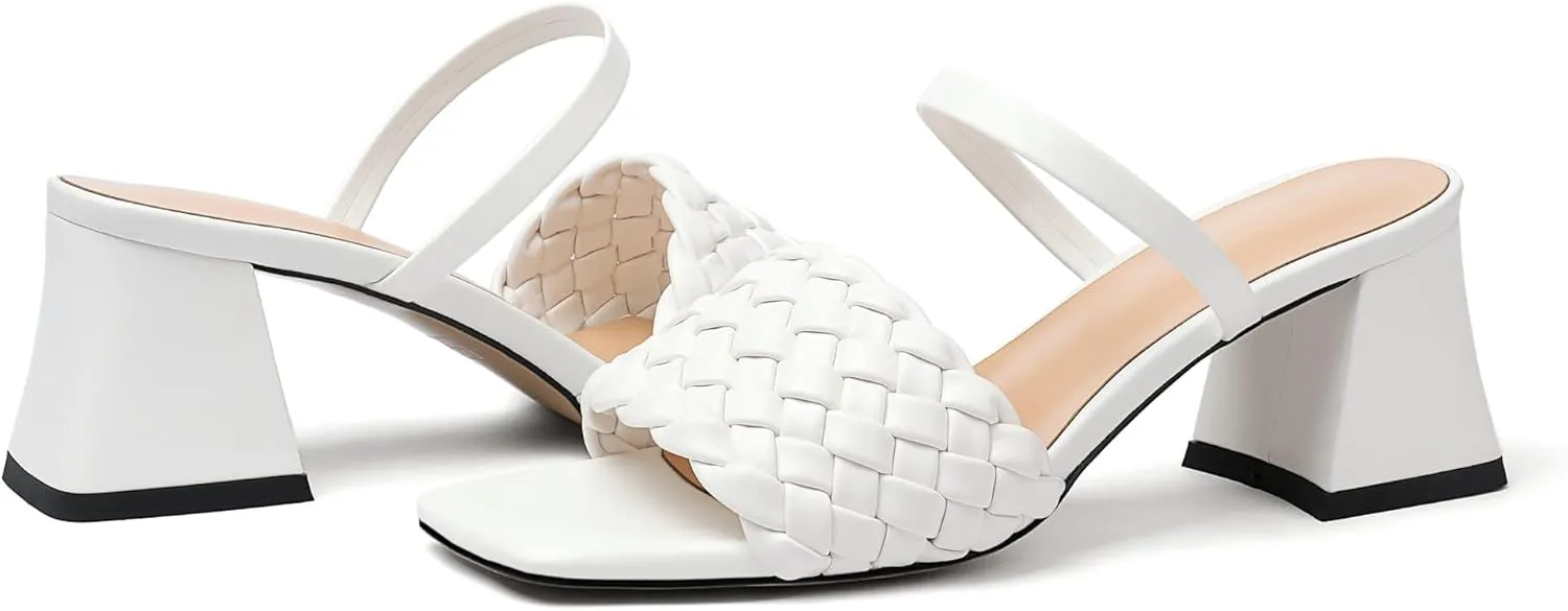Eldof Women's Braided Sandals Square Open Toe Slip On Block Heel Mule Slippers Woven Two Strap Chunky Heeled Sandals Backless Low Heel Dress Pump Shoes for Summer