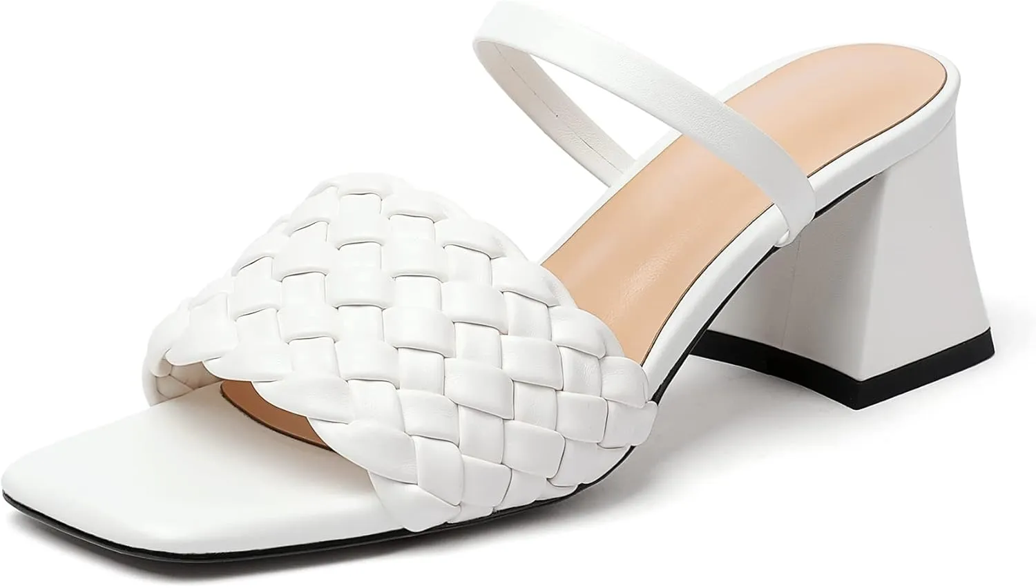Eldof Women's Braided Sandals Square Open Toe Slip On Block Heel Mule Slippers Woven Two Strap Chunky Heeled Sandals Backless Low Heel Dress Pump Shoes for Summer