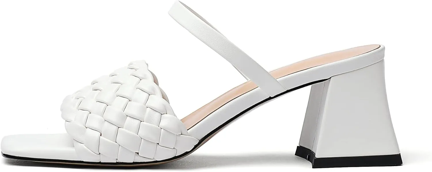 Eldof Women's Braided Sandals Square Open Toe Slip On Block Heel Mule Slippers Woven Two Strap Chunky Heeled Sandals Backless Low Heel Dress Pump Shoes for Summer