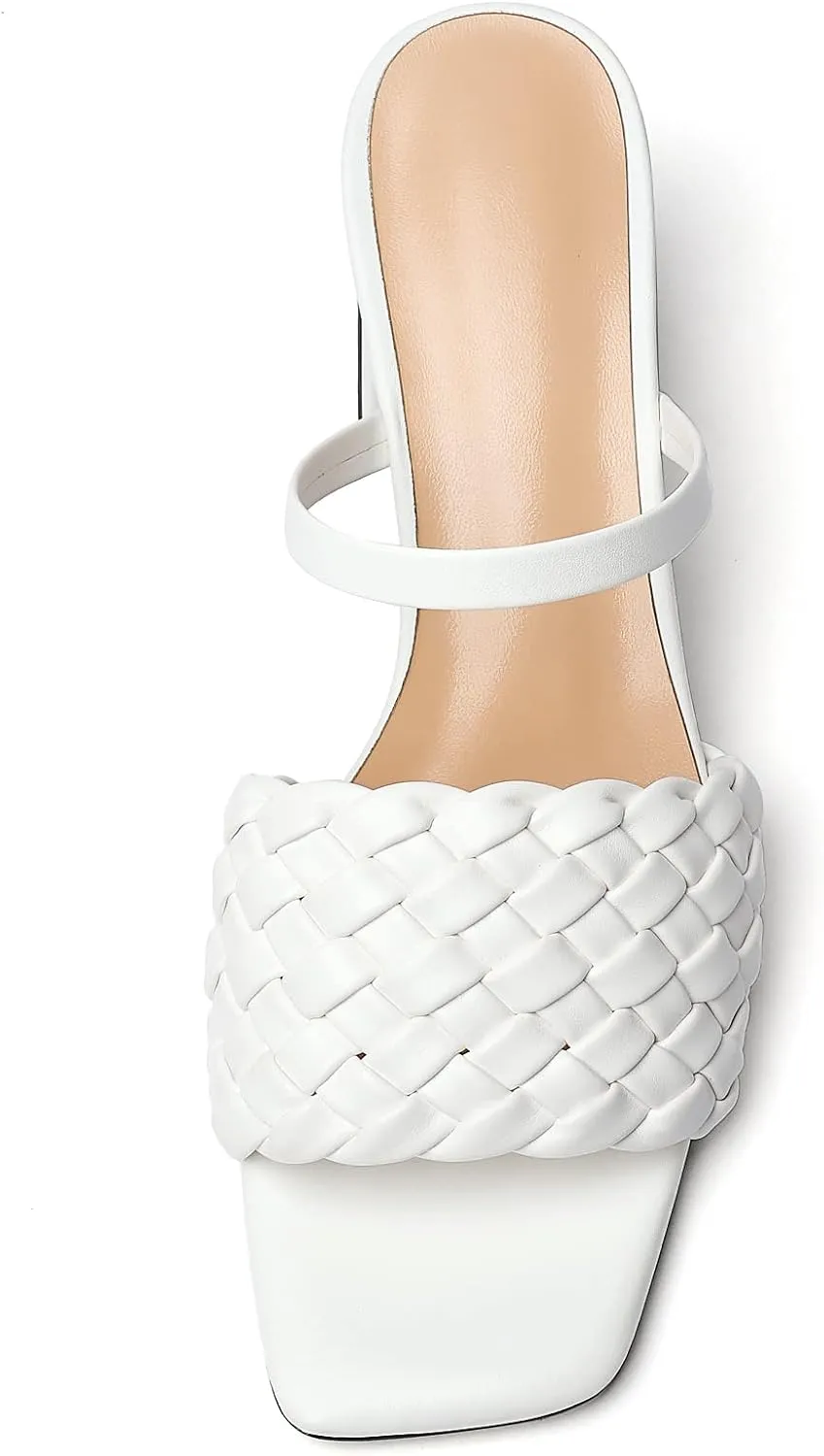 Eldof Women's Braided Sandals Square Open Toe Slip On Block Heel Mule Slippers Woven Two Strap Chunky Heeled Sandals Backless Low Heel Dress Pump Shoes for Summer