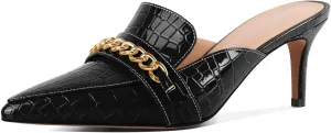 Eldof Women's Heeled Mules Pointed Toe Slip On Kitten Heels with Gold Chain 2.5 Inches