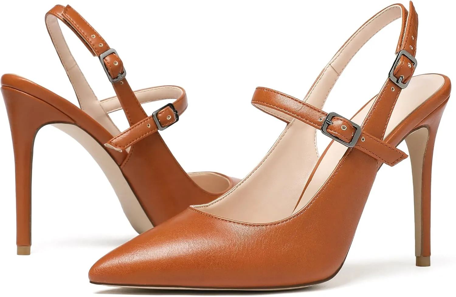 Eldof Women's High Heel Slingback Pumps, Ankle Strap Mary Jane Heels, 4 Inches Stiletto Heeled Sandals, Pointed Toe Dressy Shoes for Ladies Office Wedding Work Evening