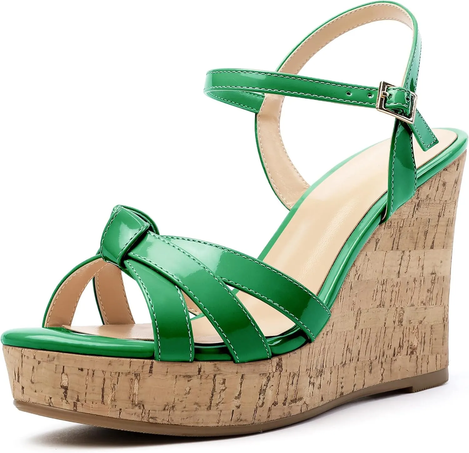 Eldof Women's High Heel Wedge Sandals Open Toe Ankle Strap Wooden Platform Wedge Heels Summer Sandals for Dress Party Evening 4 Inch