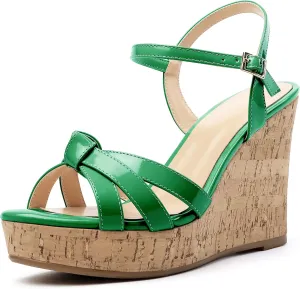Eldof Women's High Heel Wedge Sandals Open Toe Ankle Strap Wooden Platform Wedge Heels Summer Sandals for Dress Party Evening 4 Inch