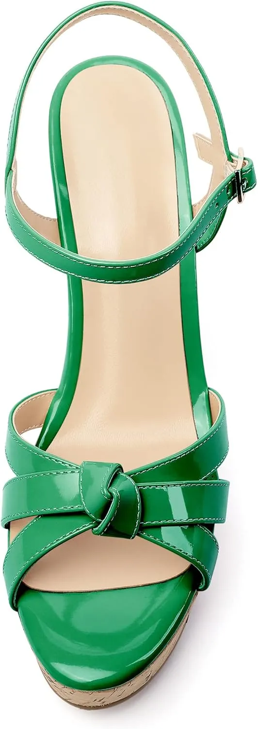Eldof Women's High Heel Wedge Sandals Open Toe Ankle Strap Wooden Platform Wedge Heels Summer Sandals for Dress Party Evening 4 Inch