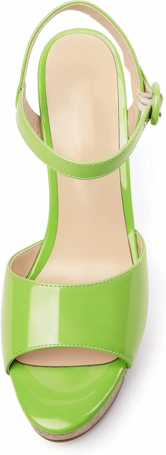 Eldof Women's High Heel Wedge Sandals Open Toe Ankle Strap Wooden Platform Wedge Heels Summer Sandals for Dress Party Evening 4''