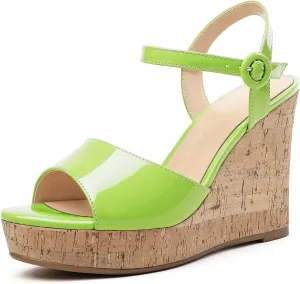 Eldof Women's High Heel Wedge Sandals Open Toe Ankle Strap Wooden Platform Wedge Heels Summer Sandals for Dress Party Evening 4''