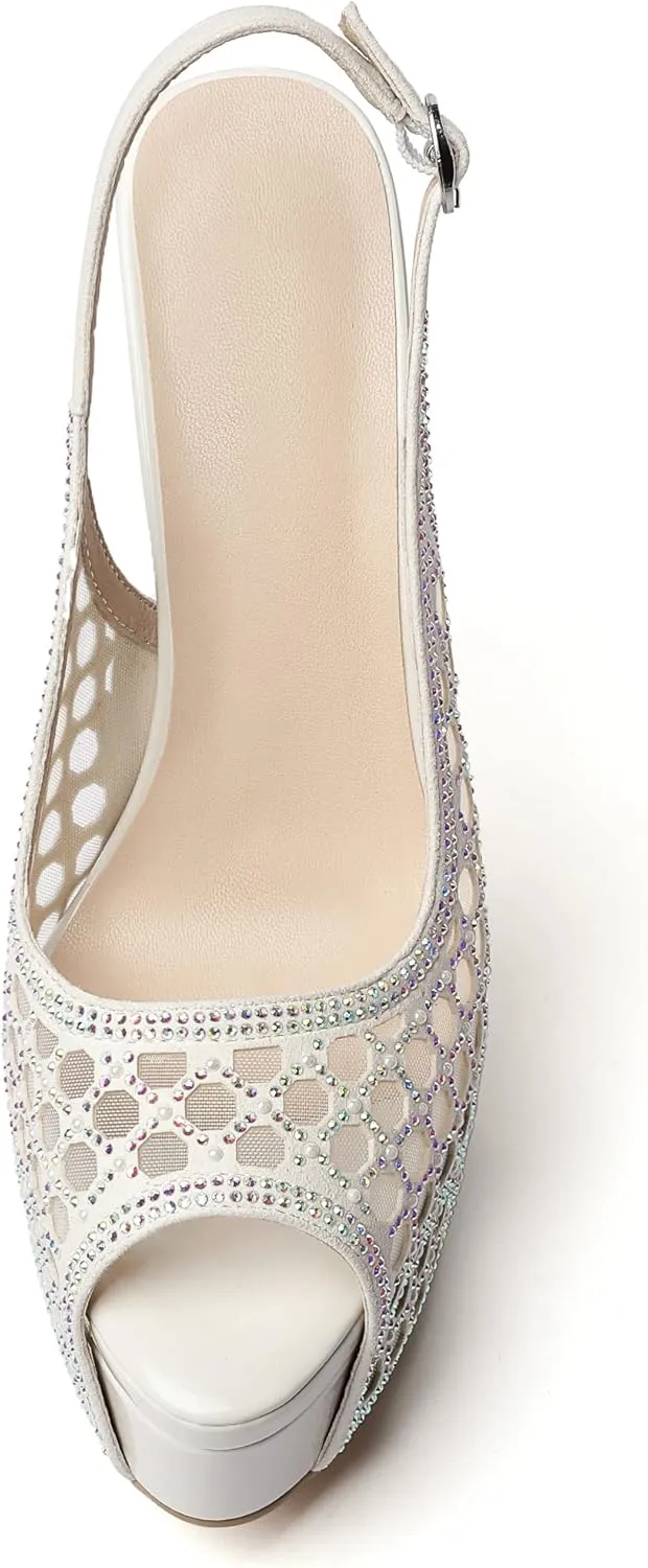Eldof Women's High Heels Platform Shoes Peep Toe Slingback Sandals Rhinestones Hollow Heels for Dress Wedding Party