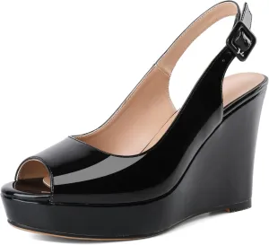 Eldof Women's Peep Toe Wedge Heels Slingback Platform High Pumps Party Dress Casual Sandals 4 Inches