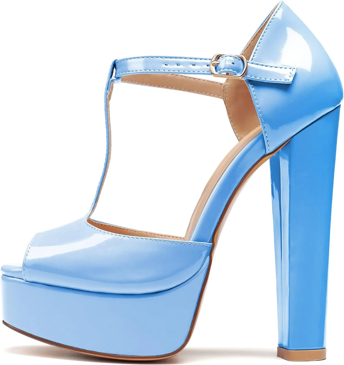 Eldof Women's Platform Chunky High Heels Ankle T Strap Square Peep Toe Sandals Party Dress Casual Shoes 6 Inches