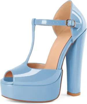 Eldof Women's Platform Chunky High Heels Ankle T Strap Square Peep Toe Sandals Party Dress Casual Shoes 6 Inches