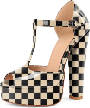 Eldof Women's Platform Chunky High Heels Ankle T Strap Square Peep Toe Sandals Party Dress Casual Shoes 6 Inches