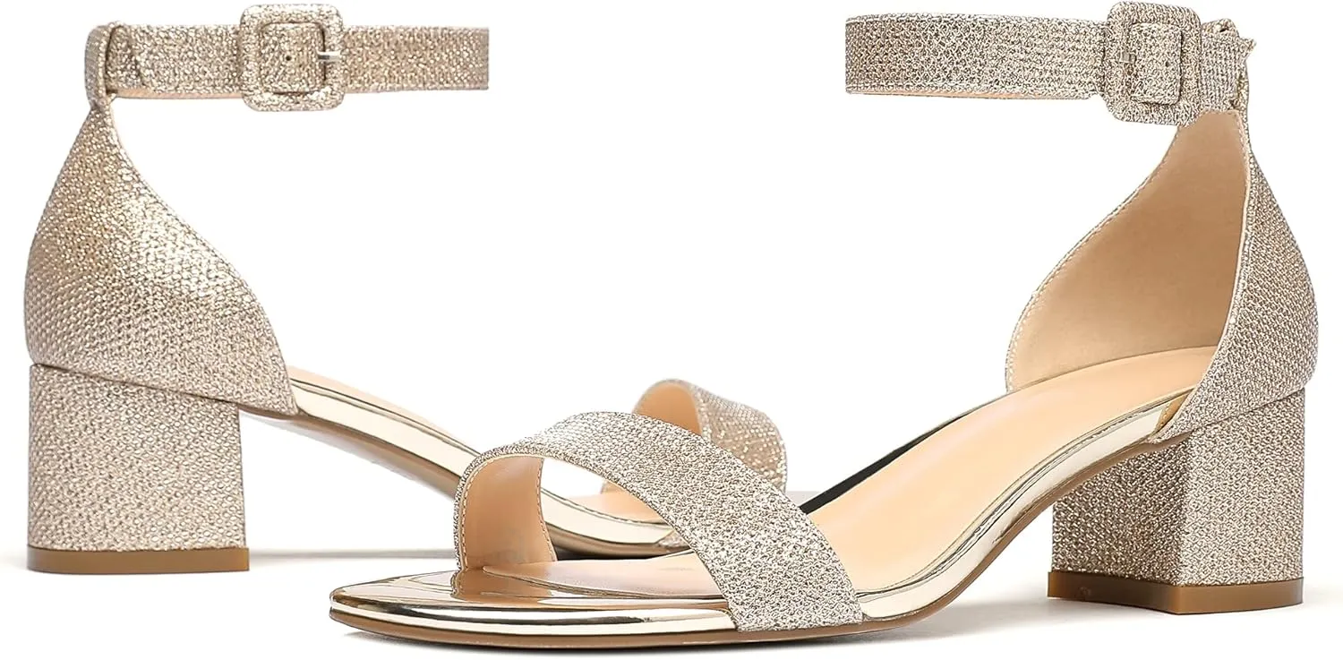 Eldof Women's Two Piece Sandals Chunky Mid Block Heel Open Toe Adjustable Ankle Strap 2.1 Inch Pump Heeled Sandals For Dress Wedding Ladies Shoes