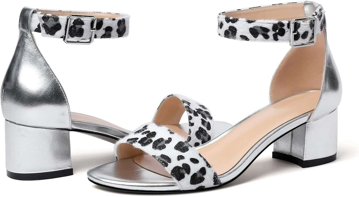 Eldof Women's Two Piece Sandals Chunky Mid Block Heel Open Toe Adjustable Ankle Strap 2.1 Inch Pump Heeled Sandals For Dress Wedding Ladies Shoes