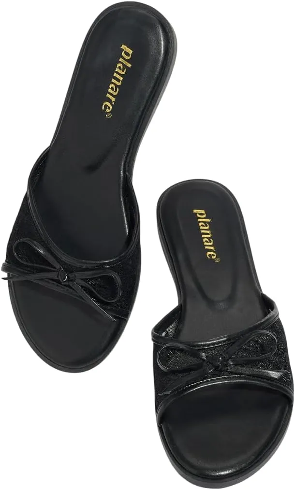 Elegant Lace Mules for Women – Delicate Bow Accent Slip-On Shoes with Soft Thick Sole, Comfortable Flat Sandals US 6-10.5 for Summer & Daily Wear