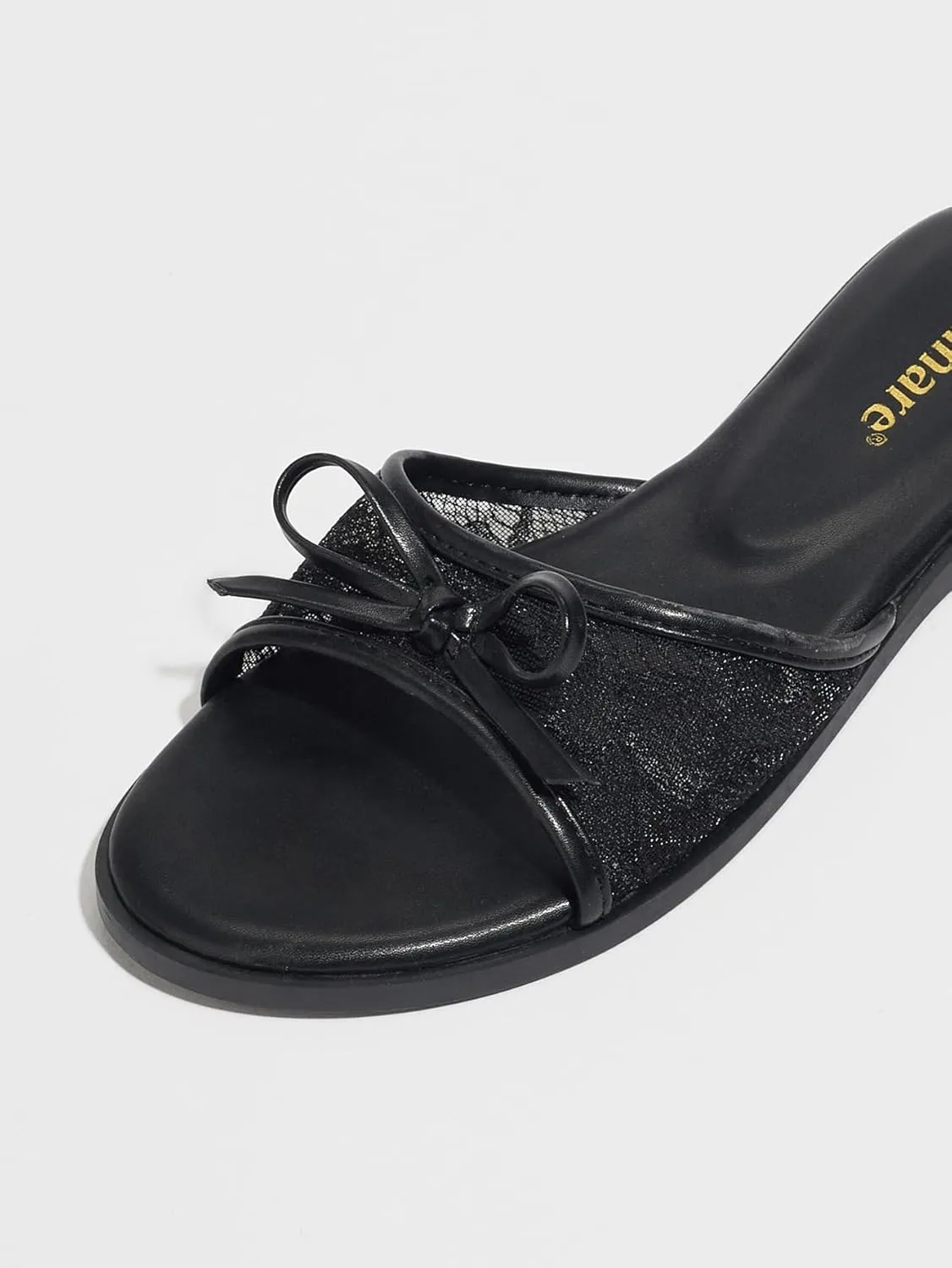Elegant Lace Mules for Women – Delicate Bow Accent Slip-On Shoes with Soft Thick Sole, Comfortable Flat Sandals US 6-10.5 for Summer & Daily Wear