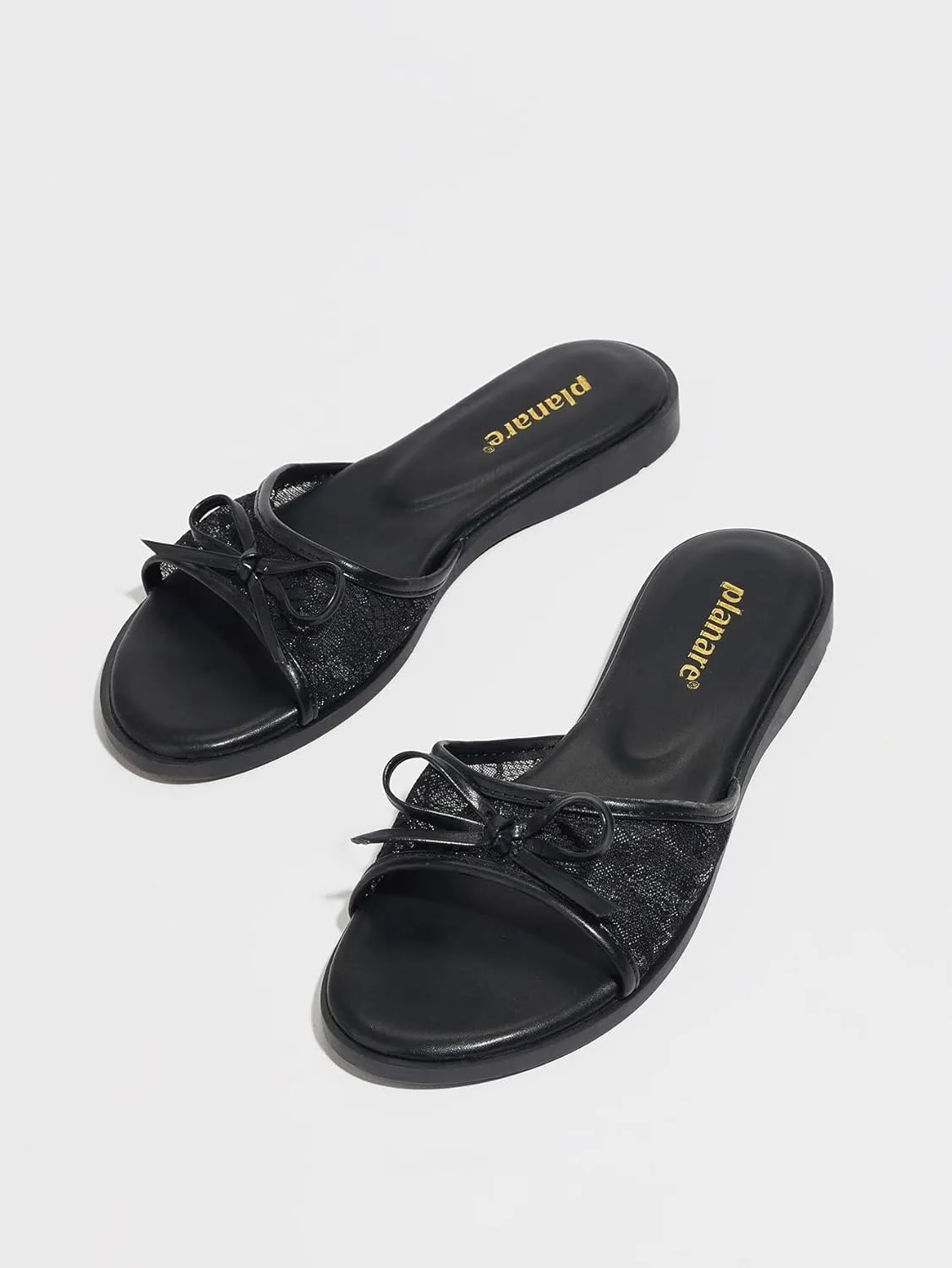 Elegant Lace Mules for Women – Delicate Bow Accent Slip-On Shoes with Soft Thick Sole, Comfortable Flat Sandals US 6-10.5 for Summer & Daily Wear