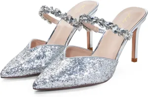 Elisabet Tang Pointed Toe Heels Sandals, 3.54 Inch Pearl Strap Satin Mules Stiletto Heels Glitter Crystal Closed Toe High Heels Backless Slip On Party Dress Daily Wear Pumps