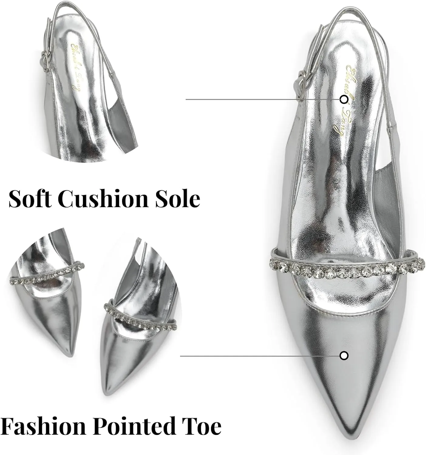 Elisabet Tang Women Slingback Flats with Rhinestone Pointed Toe Flats for Women Dressy Shoes