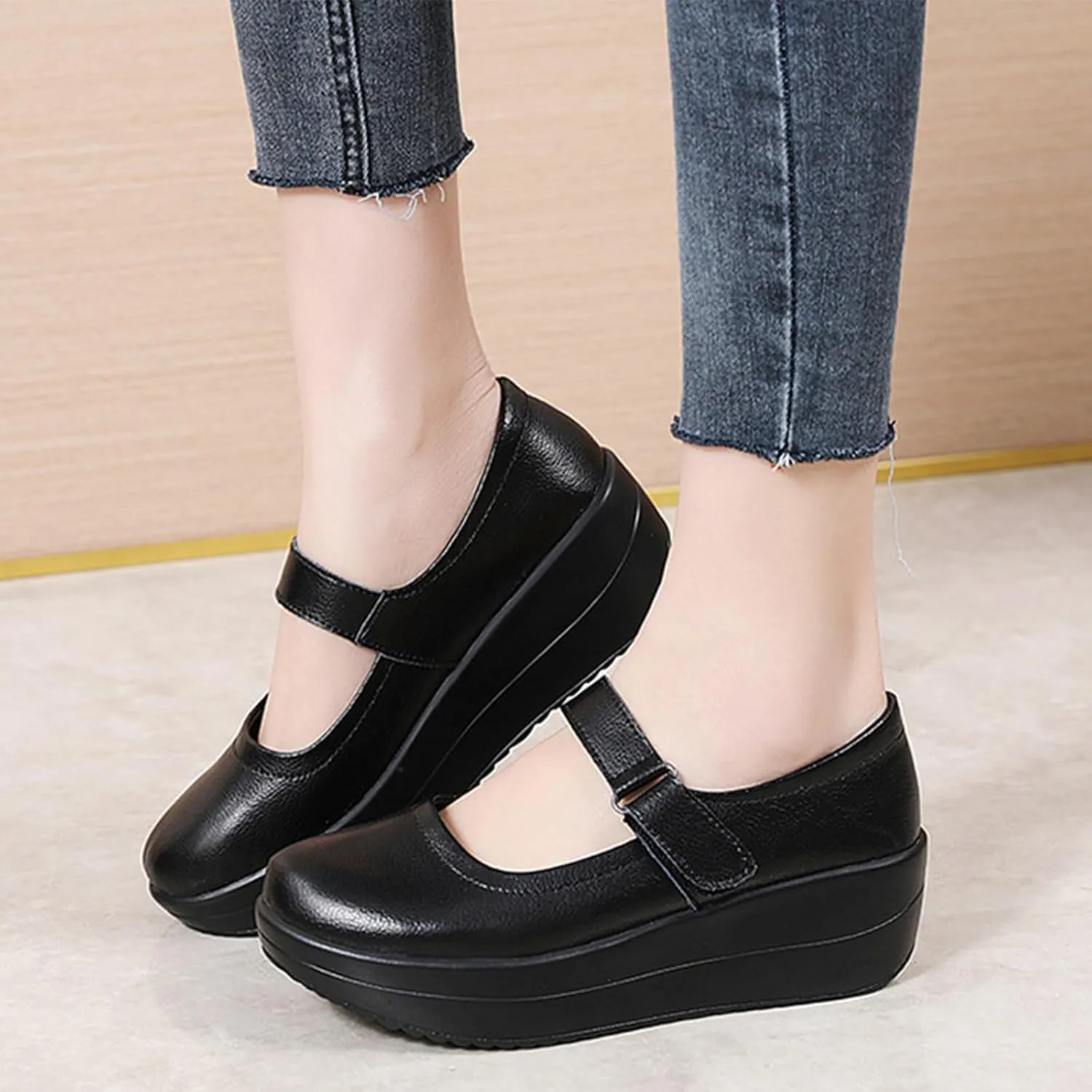 EnllerviiD Women's Mary Jane Platform Round Toe Ankle Strap Low Heel Chunky Uniform Dress Wedge Walking Shoes Comfort Nurse Shoes