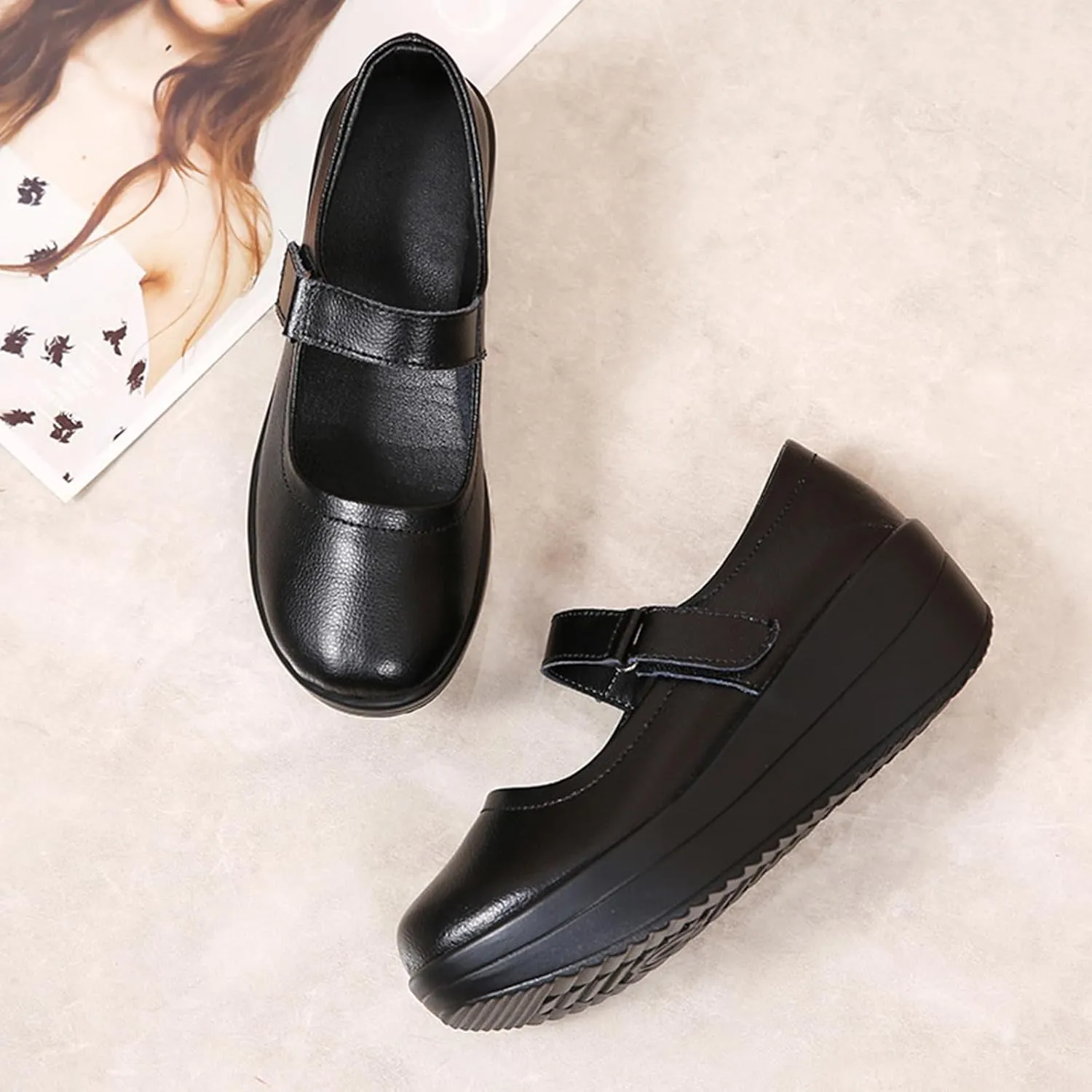 EnllerviiD Women's Mary Jane Platform Round Toe Ankle Strap Low Heel Chunky Uniform Dress Wedge Walking Shoes Comfort Nurse Shoes
