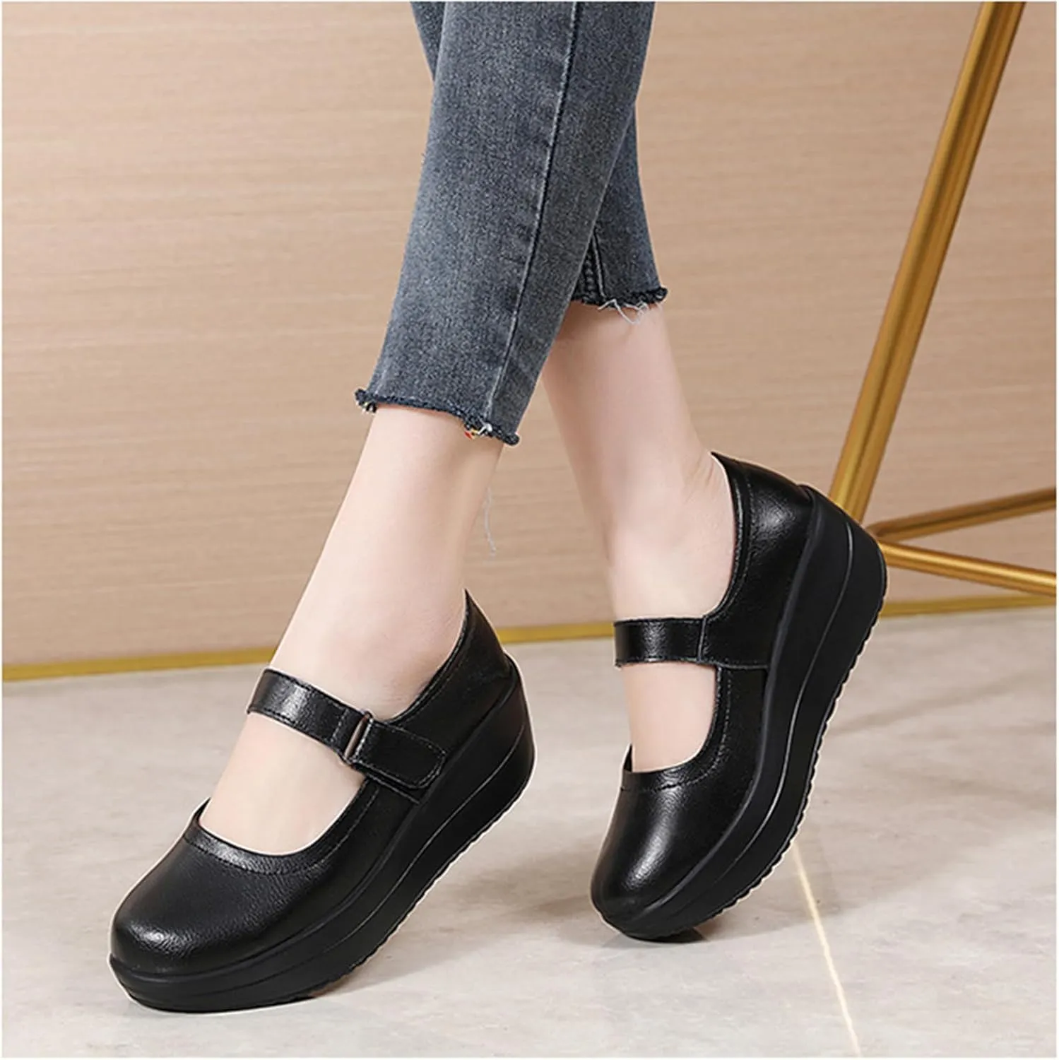 EnllerviiD Women's Mary Jane Platform Round Toe Ankle Strap Low Heel Chunky Uniform Dress Wedge Walking Shoes Comfort Nurse Shoes