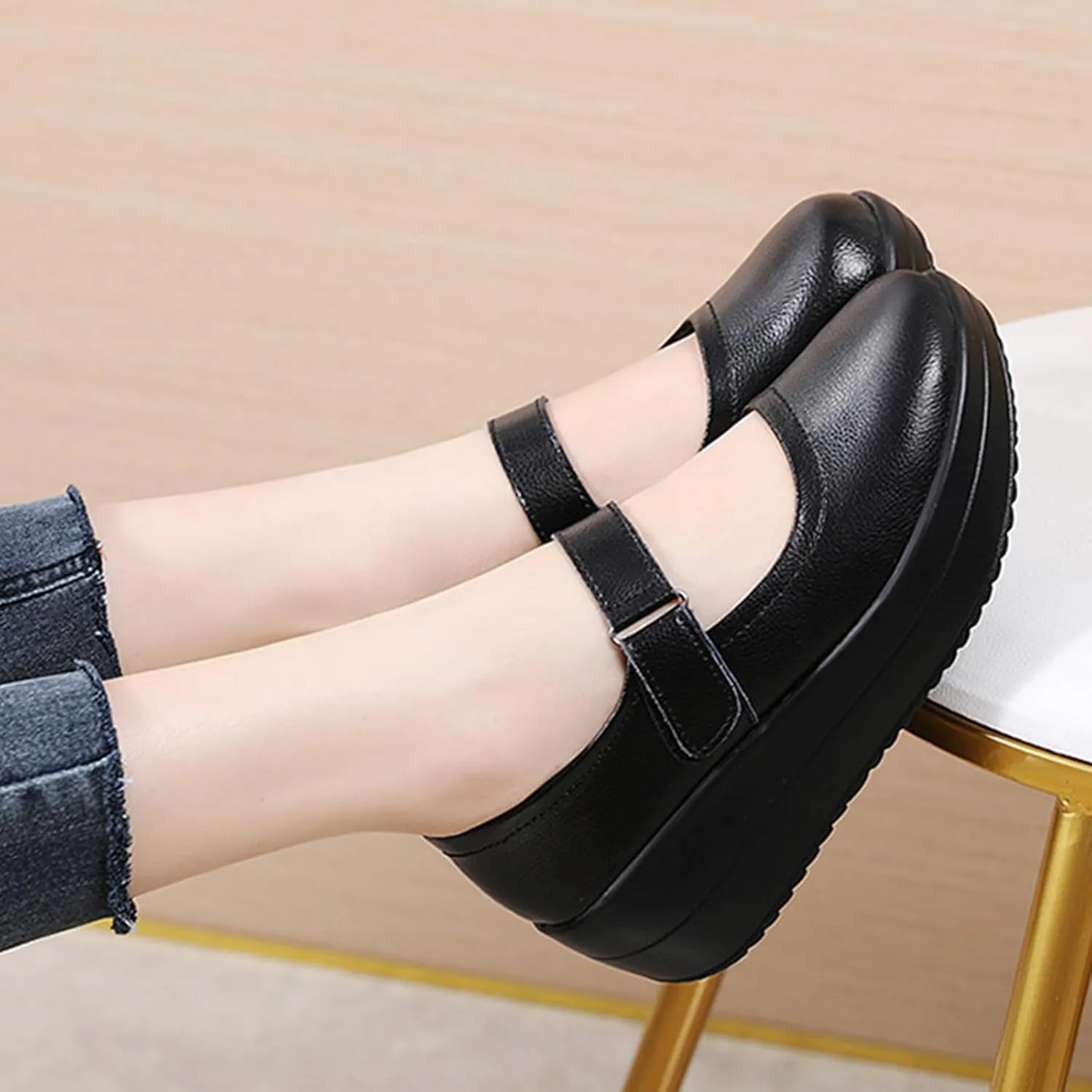 EnllerviiD Women's Mary Jane Platform Round Toe Ankle Strap Low Heel Chunky Uniform Dress Wedge Walking Shoes Comfort Nurse Shoes
