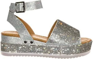 Espadrille Sandals Women Bling Rhinestone Crystals Dressy Platform Ankle Buckle Sandals Summer Beach Shoes Open Toe Glitter Wide Width Wedge Sandal Comfortable E-Silver,8.5