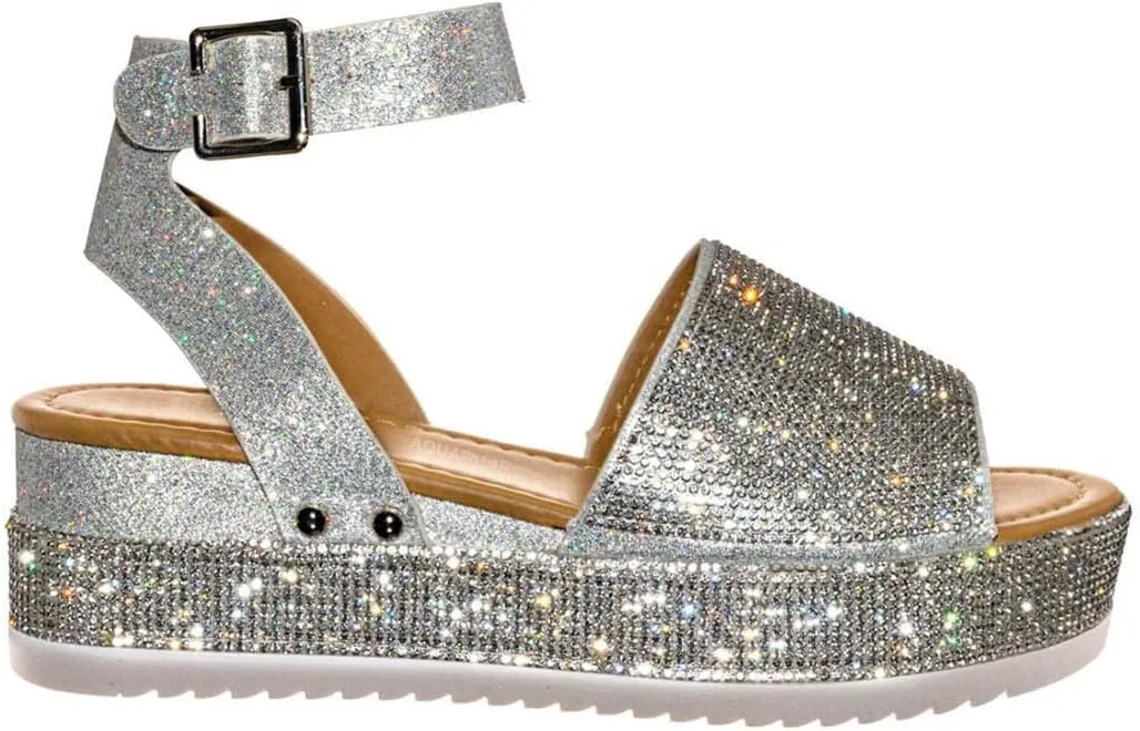 Espadrille Sandals Women Bling Rhinestone Crystals Dressy Platform Ankle Buckle Sandals Summer Beach Shoes Open Toe Glitter Wide Width Wedge Sandal Comfortable E-Silver,8.5