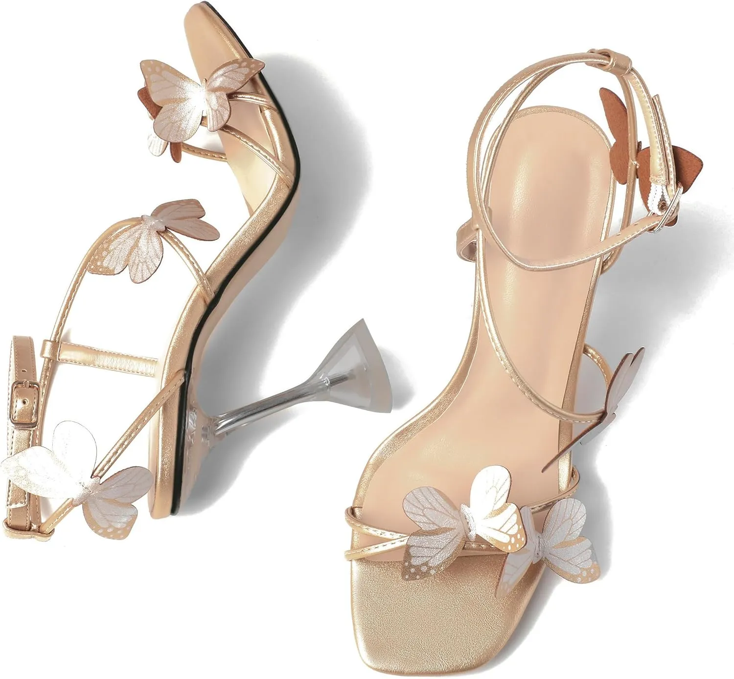 Esvowido Heeled Sandals for Women, Butterfly Ankle Strap Open Toe High Heels, Strappy Square Toe Clear Stiletto Spool Heels, Butterfly Sandals 4 Inches