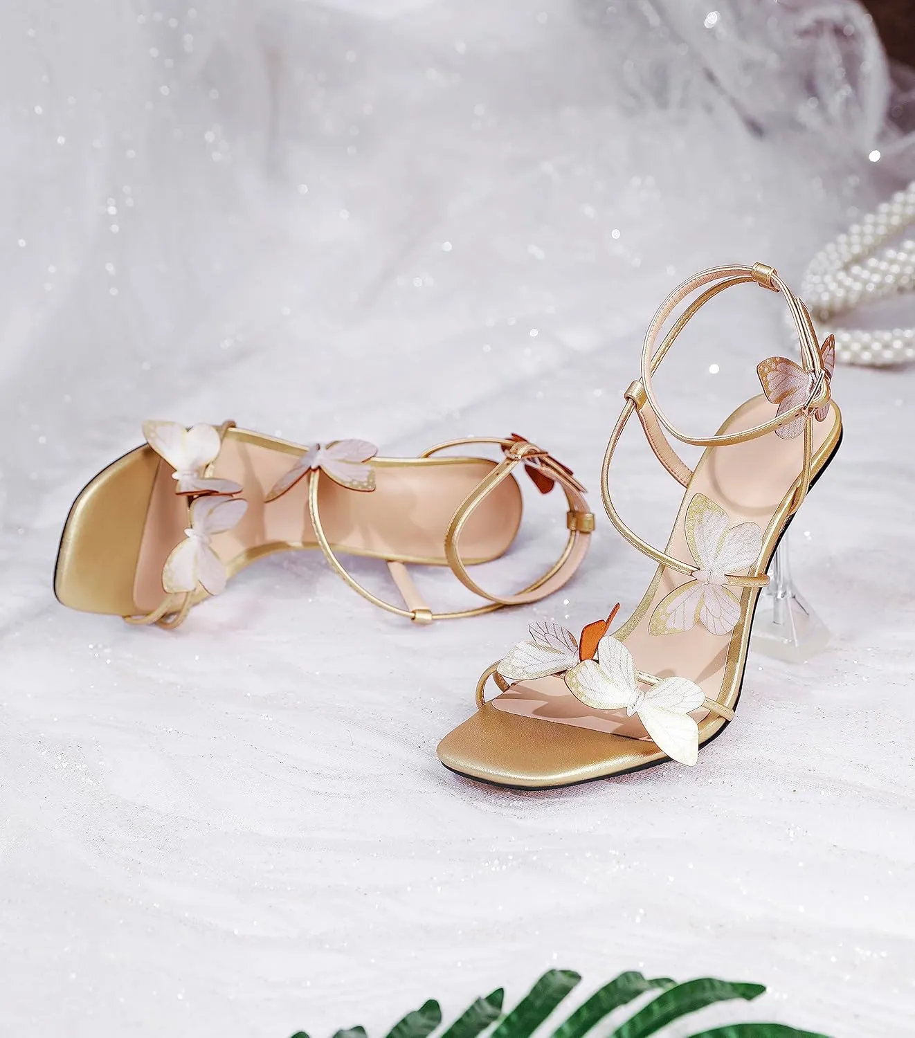 Esvowido Heeled Sandals for Women, Butterfly Ankle Strap Open Toe High Heels, Strappy Square Toe Clear Stiletto Spool Heels, Butterfly Sandals 4 Inches