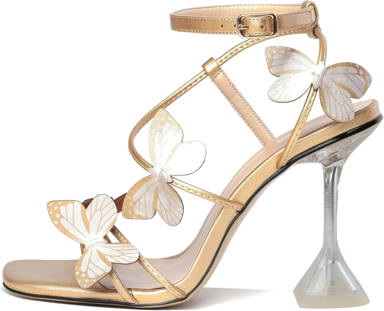 Esvowido Heeled Sandals for Women, Butterfly Ankle Strap Open Toe High Heels, Strappy Square Toe Clear Stiletto Spool Heels, Butterfly Sandals 4 Inches