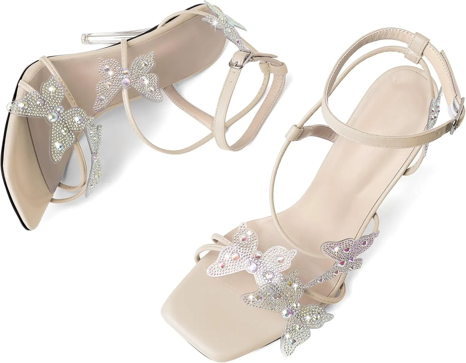 Esvowido High Heel Sandals for Women, Ankle Strap Butterfly Strappy Open Toe High Heels, Square Toe Clear Stiletto Heeled Sandals, Butterfly Heels 4 Inches