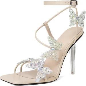Esvowido High Heel Sandals for Women, Ankle Strap Butterfly Strappy Open Toe High Heels, Square Toe Clear Stiletto Heeled Sandals, Butterfly Heels 4 Inches