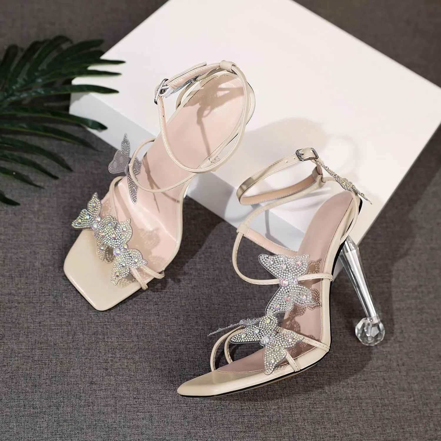 Esvowido High Heel Sandals for Women, Ankle Strap Butterfly Strappy Open Toe High Heels, Square Toe Clear Stiletto Heeled Sandals, Butterfly Heels 4 Inches