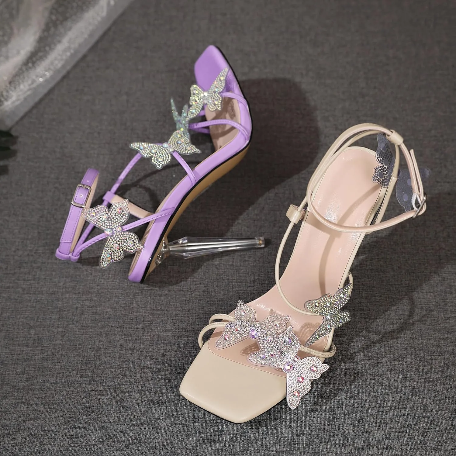 Esvowido High Heel Sandals for Women, Ankle Strap Butterfly Strappy Open Toe High Heels, Square Toe Clear Stiletto Heeled Sandals, Butterfly Heels 4 Inches