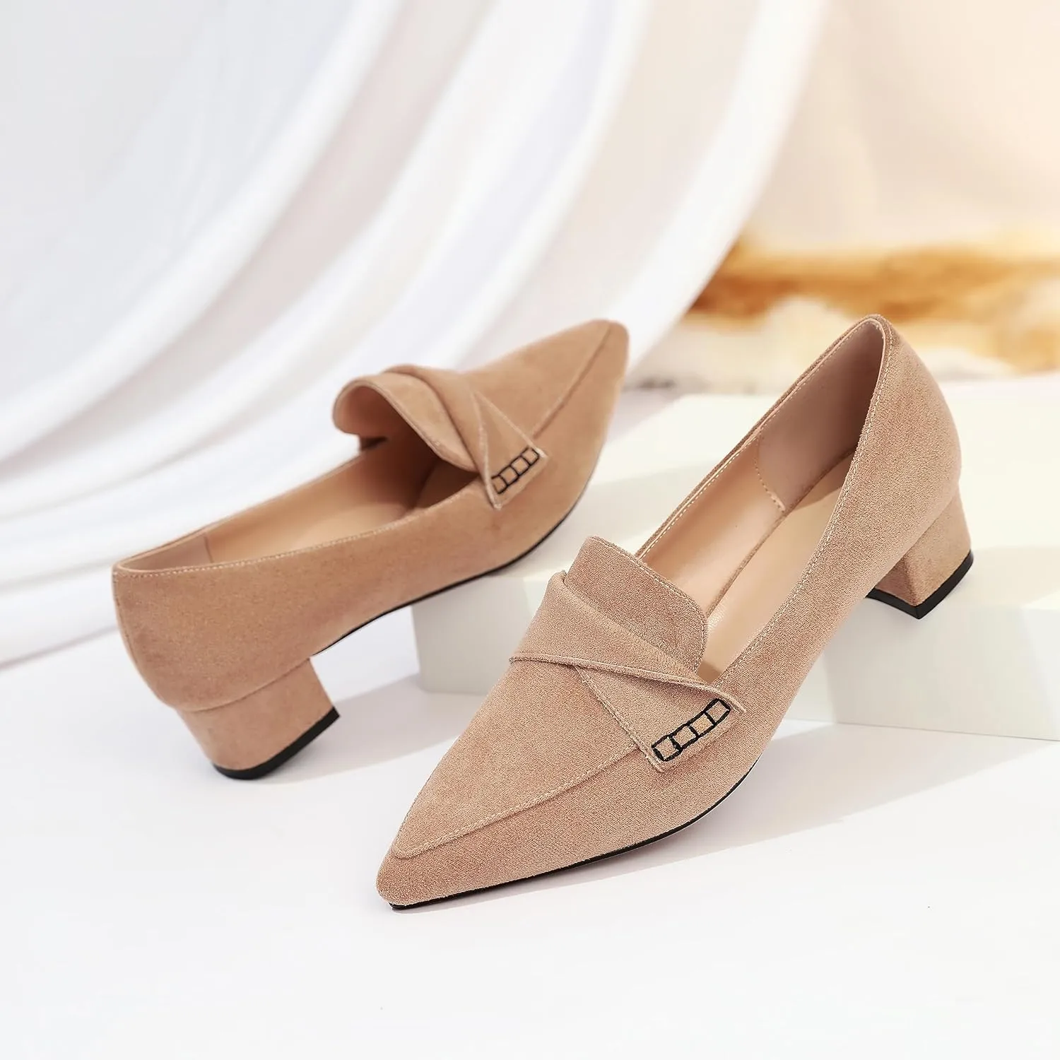 Esvowido Women's Block Heels Loafer Pumps Closed Pointed Toe Slip on Comfortable Chunky Low Heel Dress Shoes for Daily Life Work Office 1.5 Inch