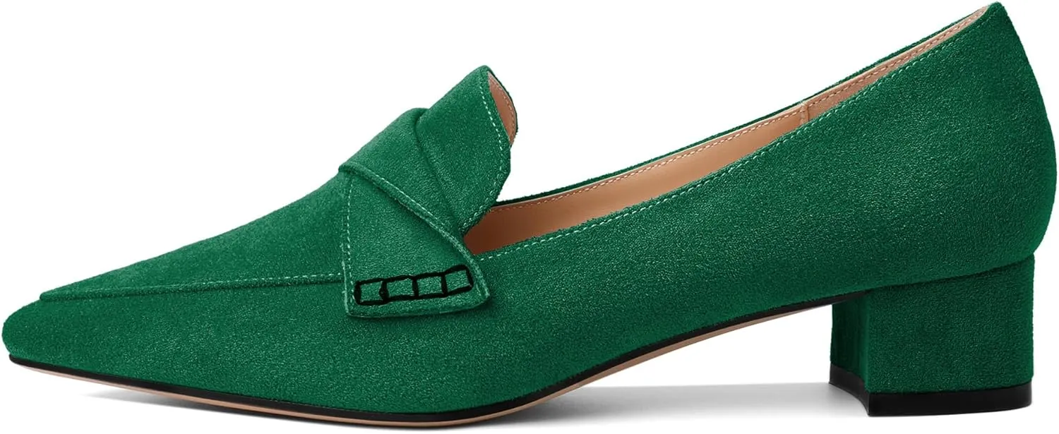 Esvowido Women's Block Heels Loafer Pumps Closed Pointed Toe Slip on Comfortable Chunky Low Heel Dress Shoes for Daily Life Work Office 1.5 Inch