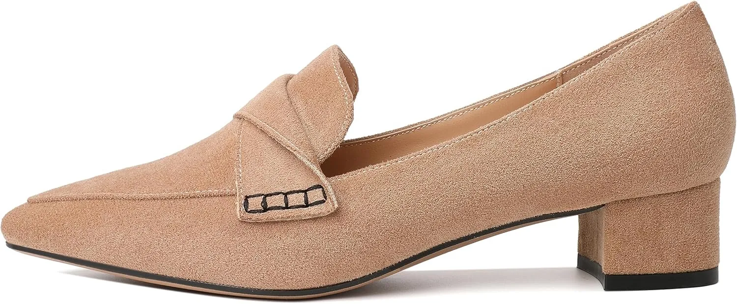 Esvowido Women's Block Heels Loafer Pumps Closed Pointed Toe Slip on Comfortable Chunky Low Heel Dress Shoes for Daily Life Work Office 1.5 Inch