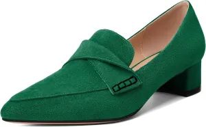 Esvowido Women's Block Heels Loafer Pumps Closed Pointed Toe Slip on Comfortable Chunky Low Heel Dress Shoes for Daily Life Work Office 1.5 Inch