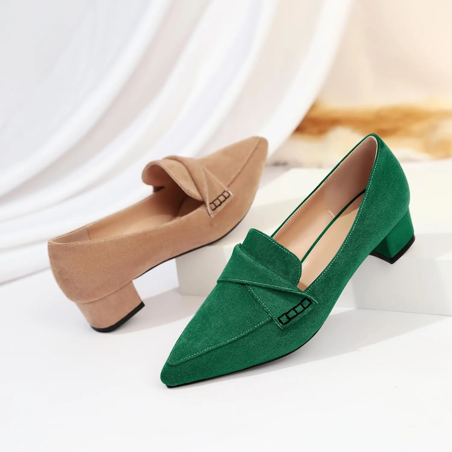 Esvowido Women's Block Heels Loafer Pumps Closed Pointed Toe Slip on Comfortable Chunky Low Heel Dress Shoes for Daily Life Work Office 1.5 Inch