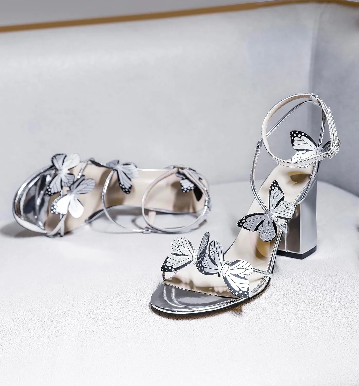 Esvowido Women's Chunky Heeled Sandals, Strappy Open Toe Butterfly Heels, Ankle Strap Block High Heel Sandals 3.5 Inches