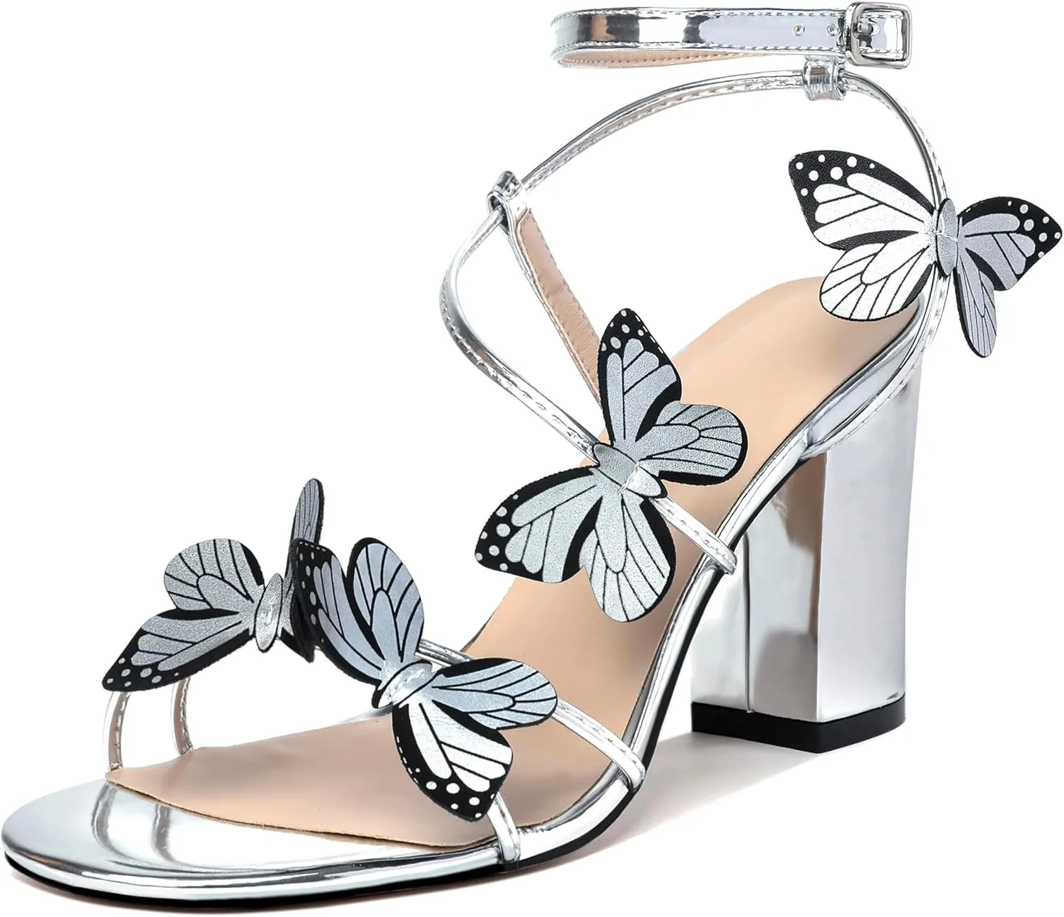Esvowido Women's Chunky Heeled Sandals, Strappy Open Toe Butterfly Heels, Ankle Strap Block High Heel Sandals 3.5 Inches