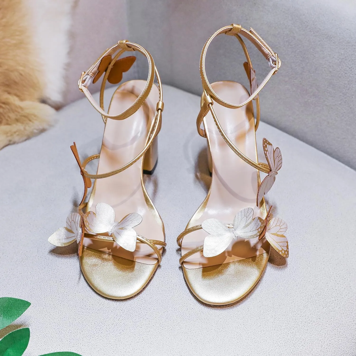 Esvowido Women's Chunky Heeled Sandals, Strappy Open Toe Butterfly Heels, Ankle Strap Block High Heel Sandals 3.5 Inches