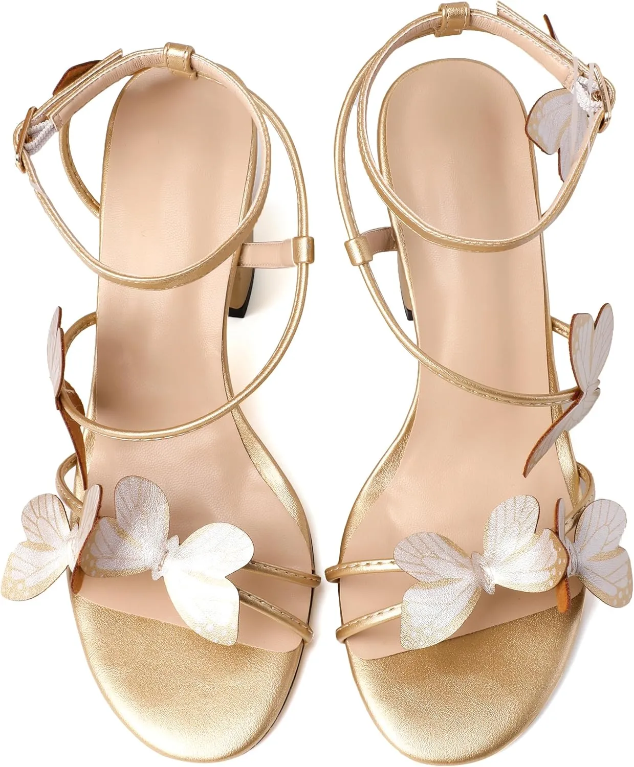 Esvowido Women's Chunky Heeled Sandals, Strappy Open Toe Butterfly Heels, Ankle Strap Block High Heel Sandals 3.5 Inches