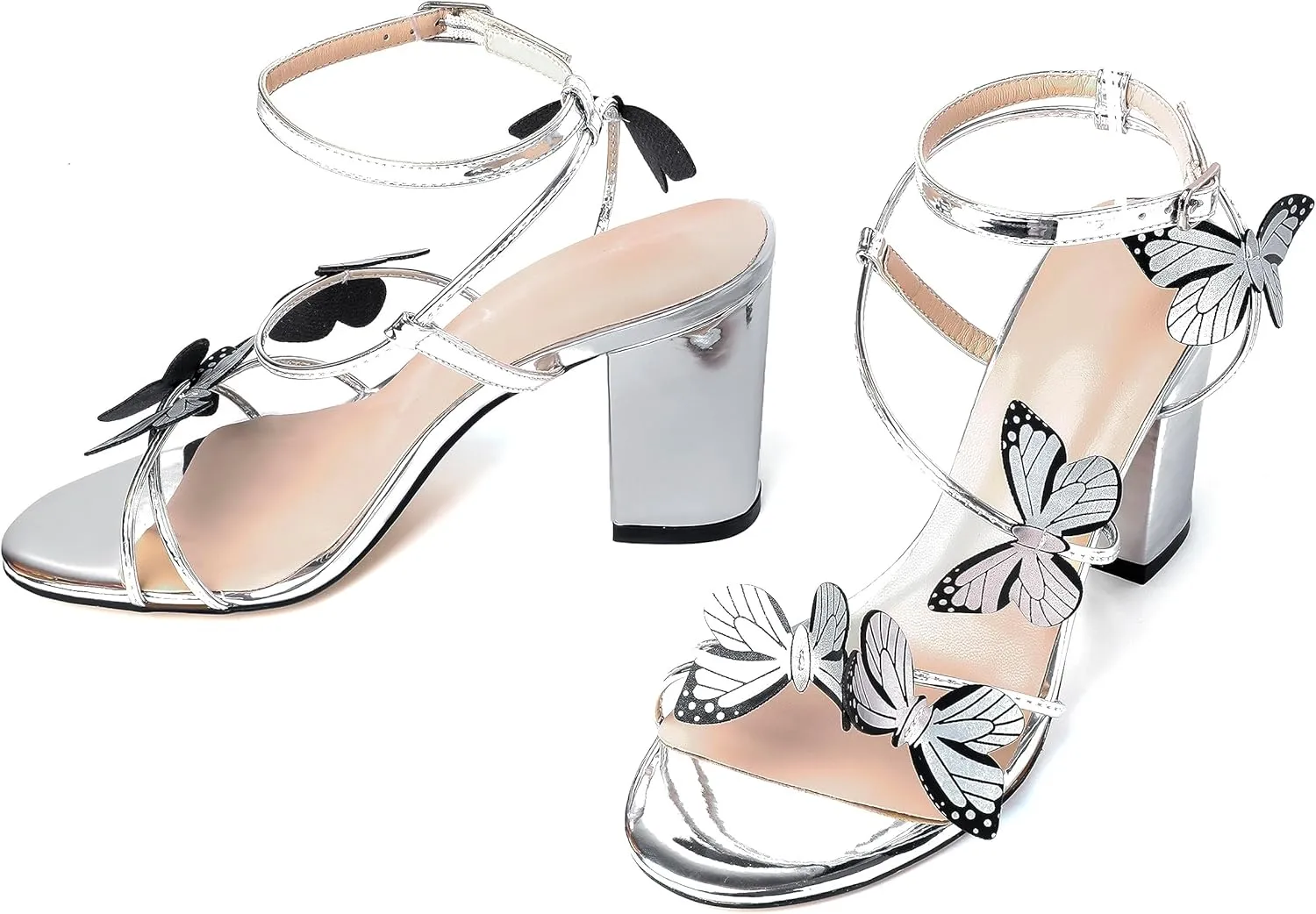 Esvowido Women's Chunky Heeled Sandals, Strappy Open Toe Butterfly Heels, Ankle Strap Block High Heel Sandals 3.5 Inches