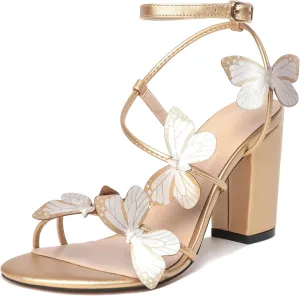 Esvowido Women's Chunky Heeled Sandals, Strappy Open Toe Butterfly Heels, Ankle Strap Block High Heel Sandals 3.5 Inches