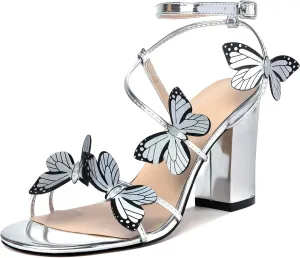 Esvowido Women's Chunky Heeled Sandals, Strappy Open Toe Butterfly Heels, Ankle Strap Block High Heel Sandals 3.5 Inches