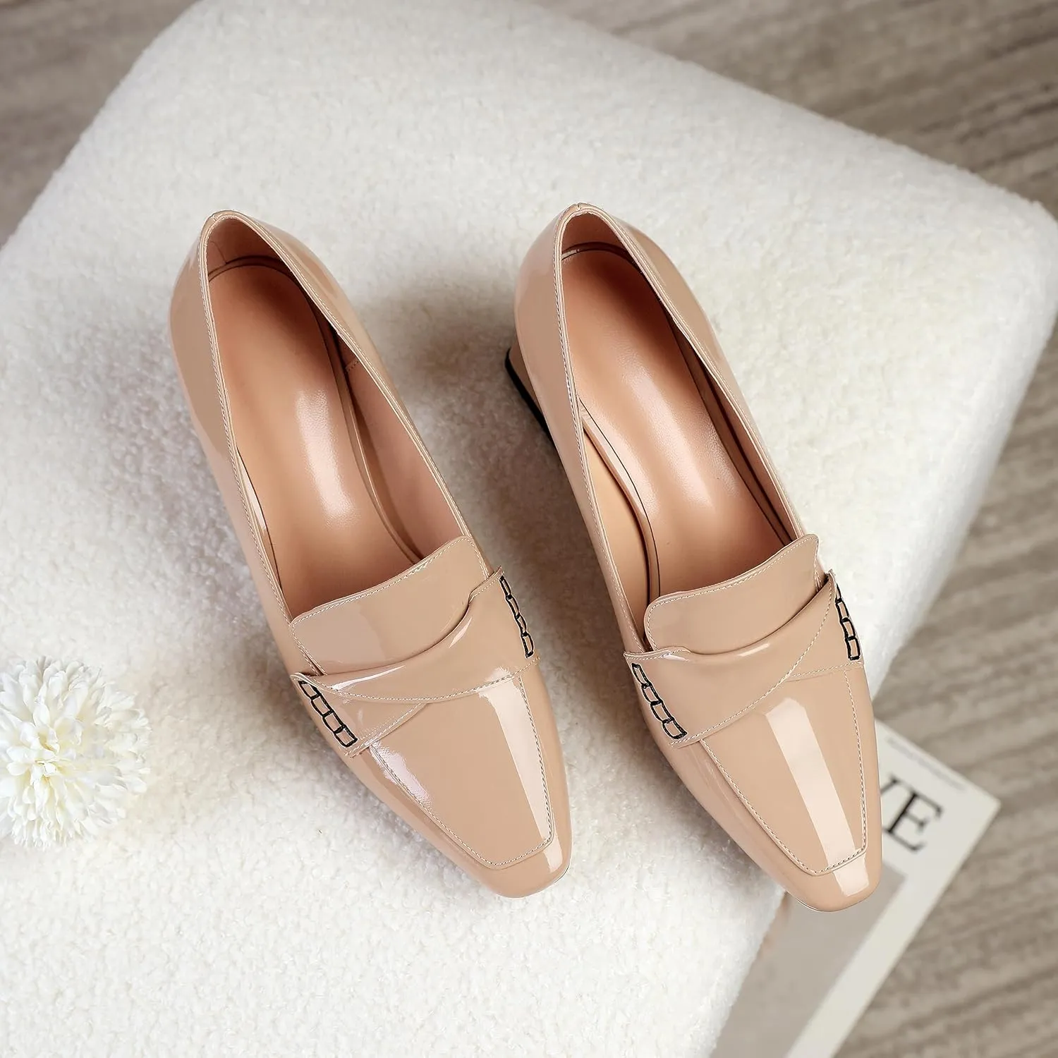 Esvowido Women's Loafer Pumps Low Block Chunky Heels Slip on Pumps Closed Square Toe Fashion Dress Shoes for Work Office 2.5 Inch