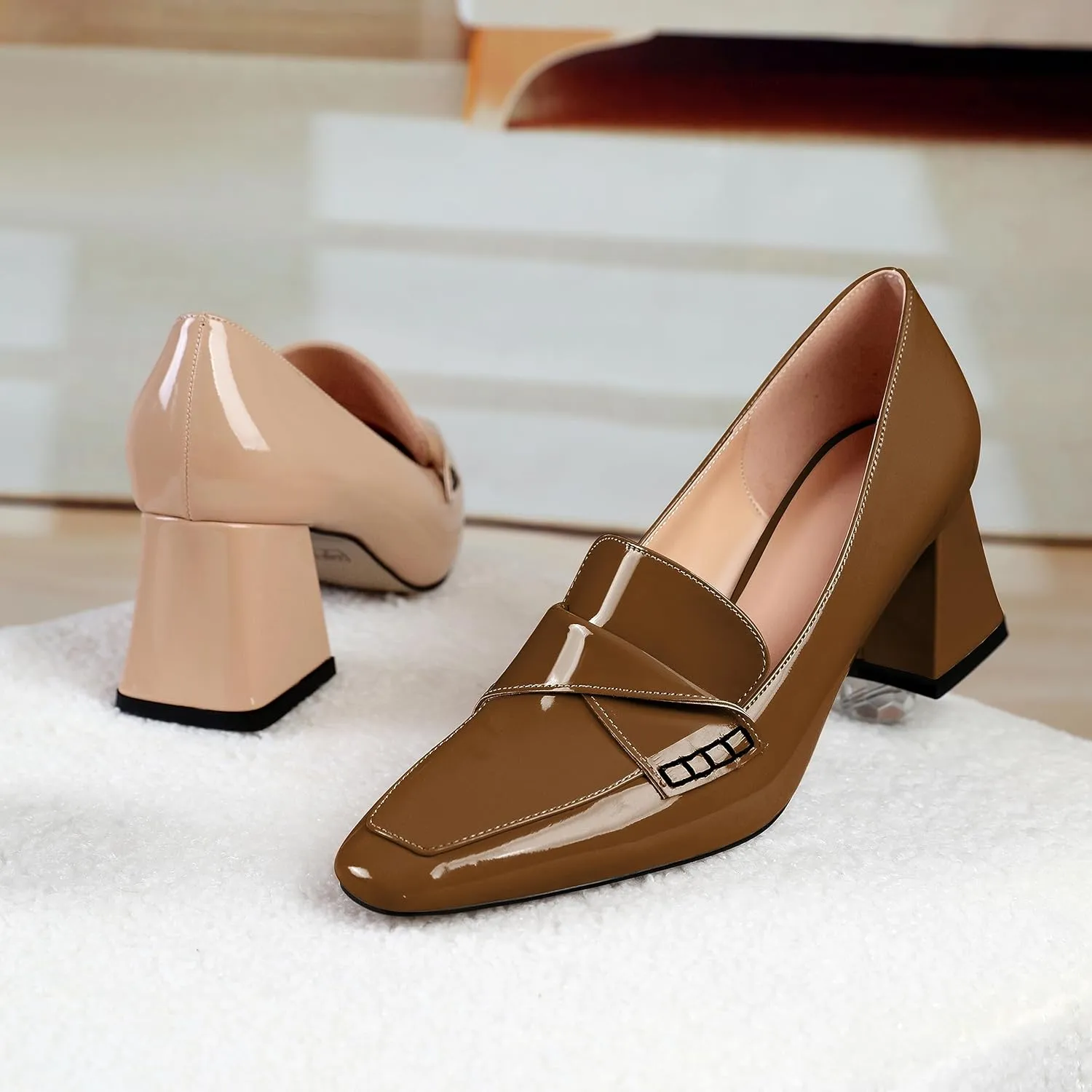 Esvowido Women's Loafer Pumps Low Block Chunky Heels Slip on Pumps Closed Square Toe Fashion Dress Shoes for Work Office 2.5 Inch